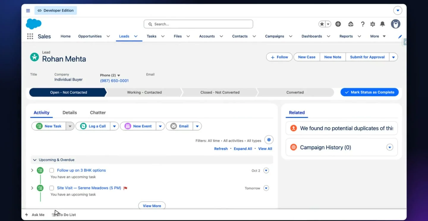 The Nexus AI assistant open in Salesforce, answering what to focus on today with a chart and suggested questions